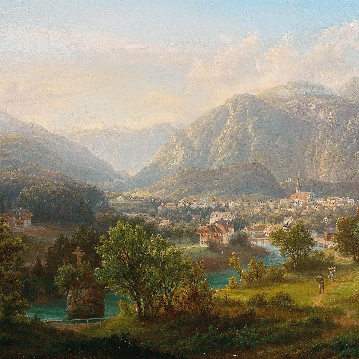 Hand-painted alpine village in mountain valley scene landscape oil painting on canvas