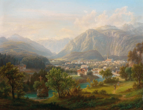Hand-painted alpine village in mountain valley scene landscape oil painting on canvas