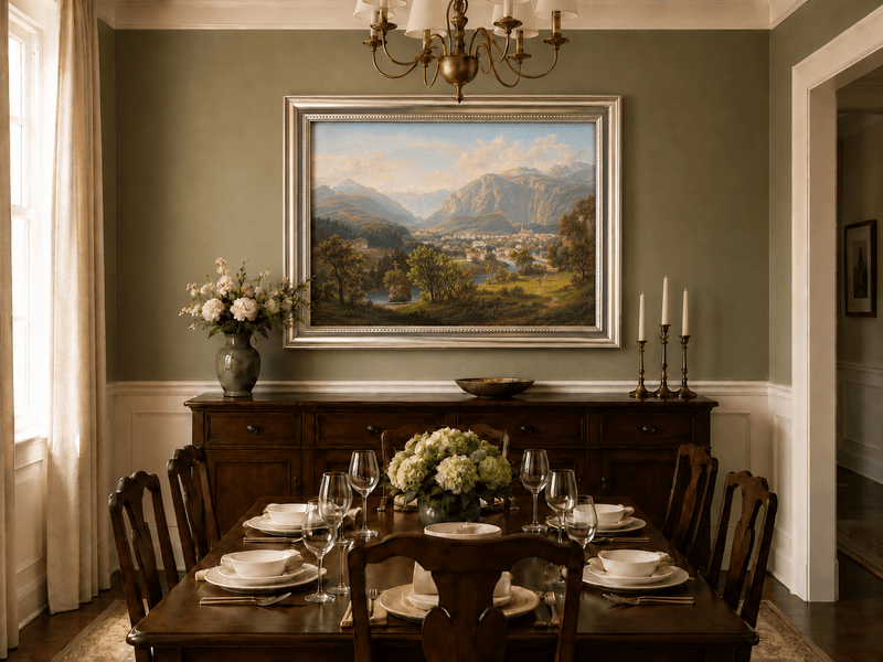 Landscape Oil Painting - Alpine Village in Mountain Valley Scene
