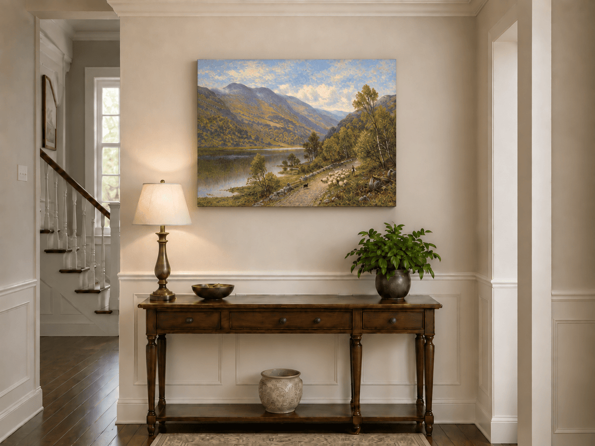 Landscape Oil Painting - Alpine Village in Mountain Valley Scene