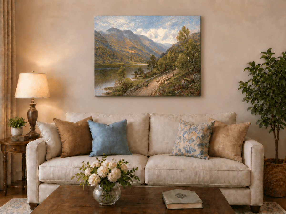 Landscape Oil Painting - Alpine Village in Mountain Valley Scene