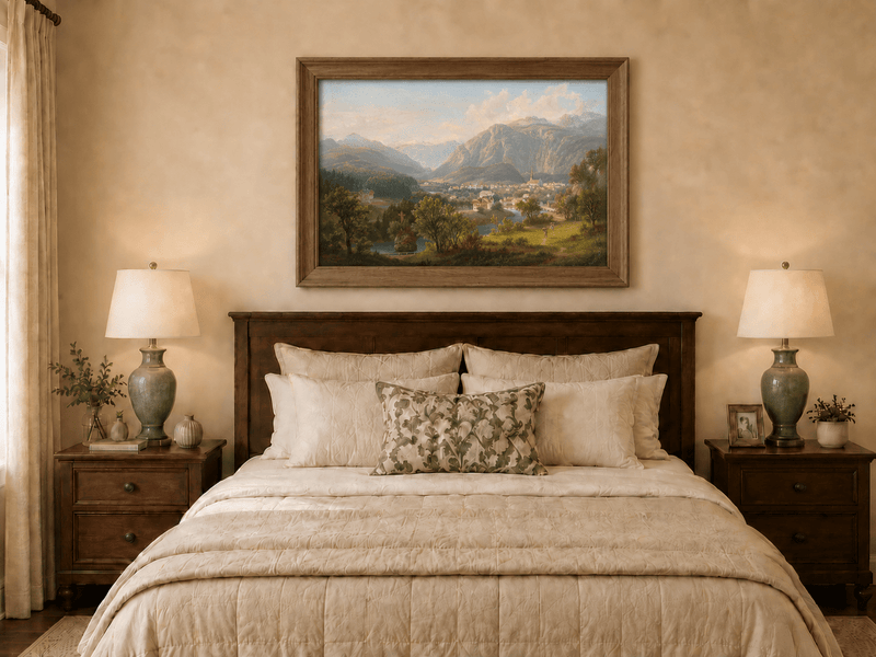 Landscape Oil Painting - Alpine Village in Mountain Valley Scene