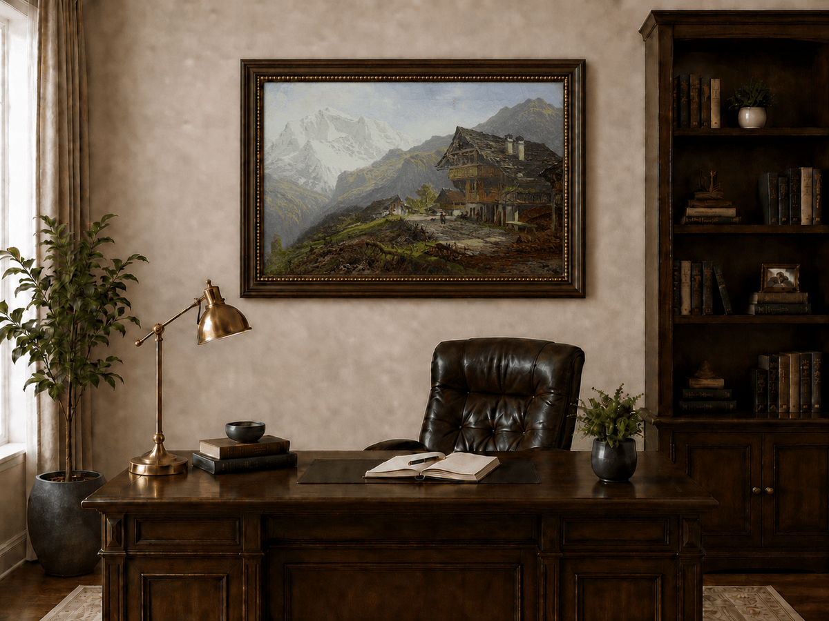 Landscape Oil Painting - Alpine Village Mountain House Scene