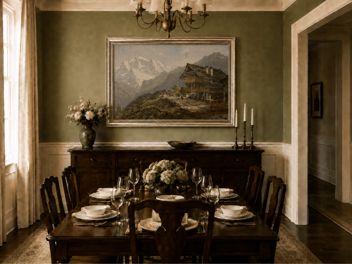 Landscape Oil Painting - Alpine Village Mountain House Scene