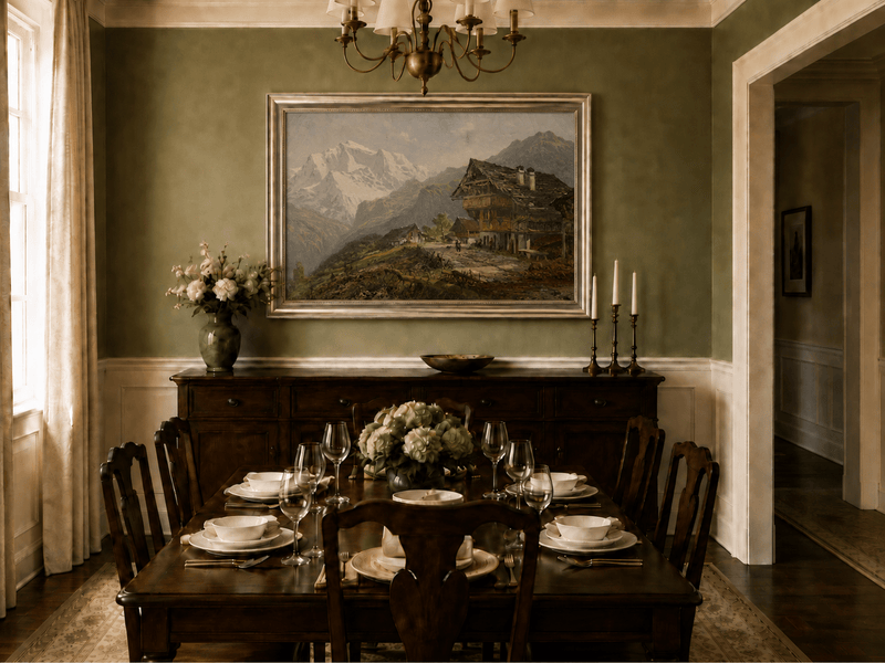 Landscape Oil Painting - Alpine Village Mountain House Scene