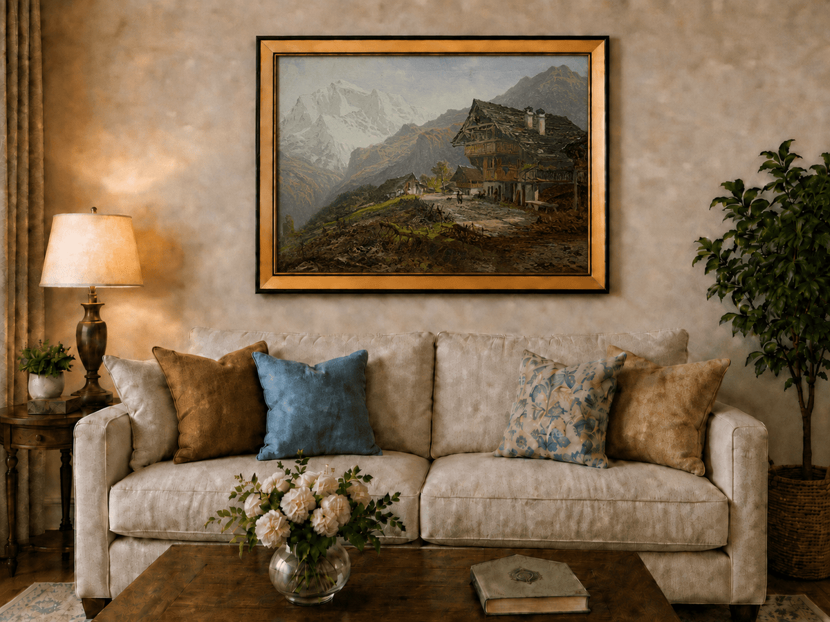 Landscape Oil Painting - Alpine Village Mountain House Scene