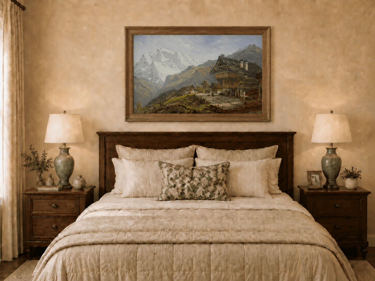 Landscape Oil Painting - Alpine Village Mountain House Scene