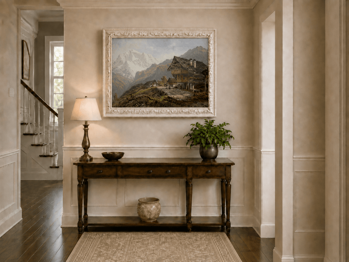 Landscape Oil Painting - Alpine Village Mountain House Scene