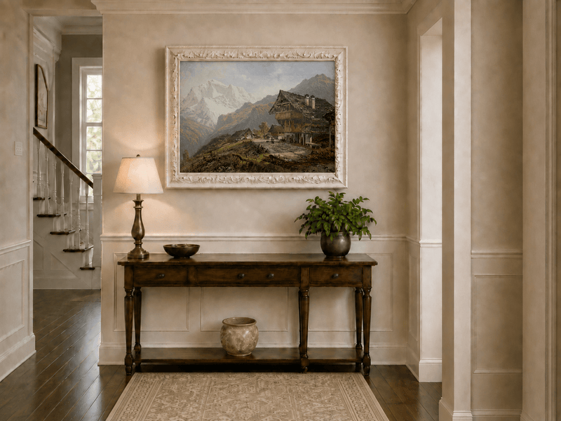 Landscape Oil Painting - Alpine Village Mountain House Scene