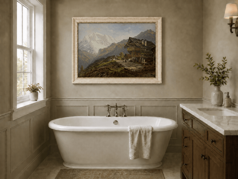 Landscape Oil Painting - Alpine Village Mountain House Scene