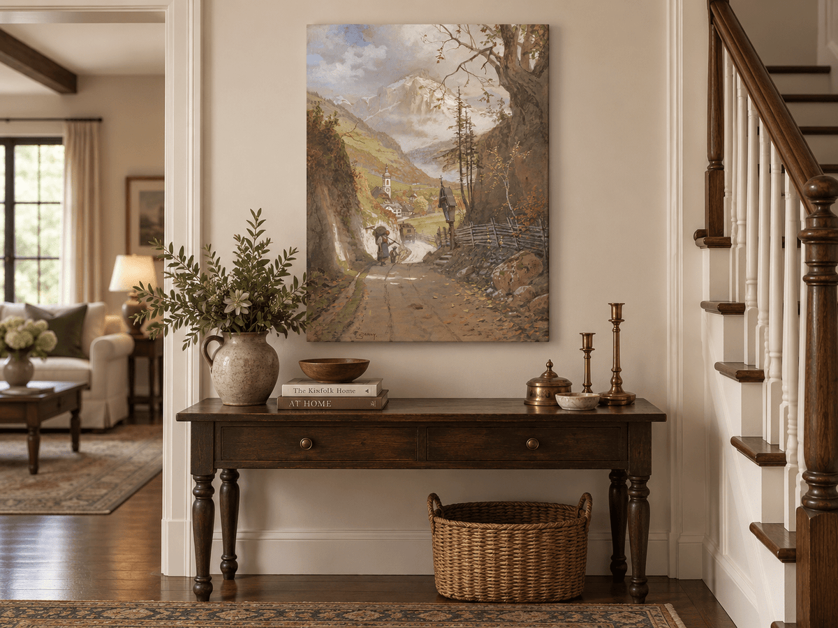 Landscape Oil Painting - Alpine Village Road to Snowy Peaks
