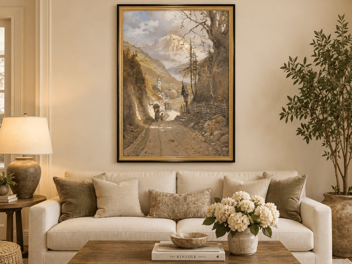 Landscape Oil Painting - Alpine Village Road to Snowy Peaks