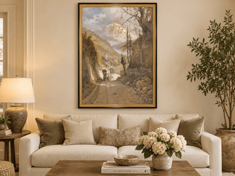 Landscape Oil Painting - Alpine Village Road to Snowy Peaks