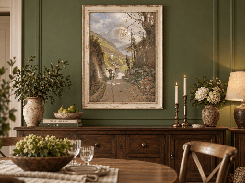 Landscape Oil Painting - Alpine Village Road to Snowy Peaks