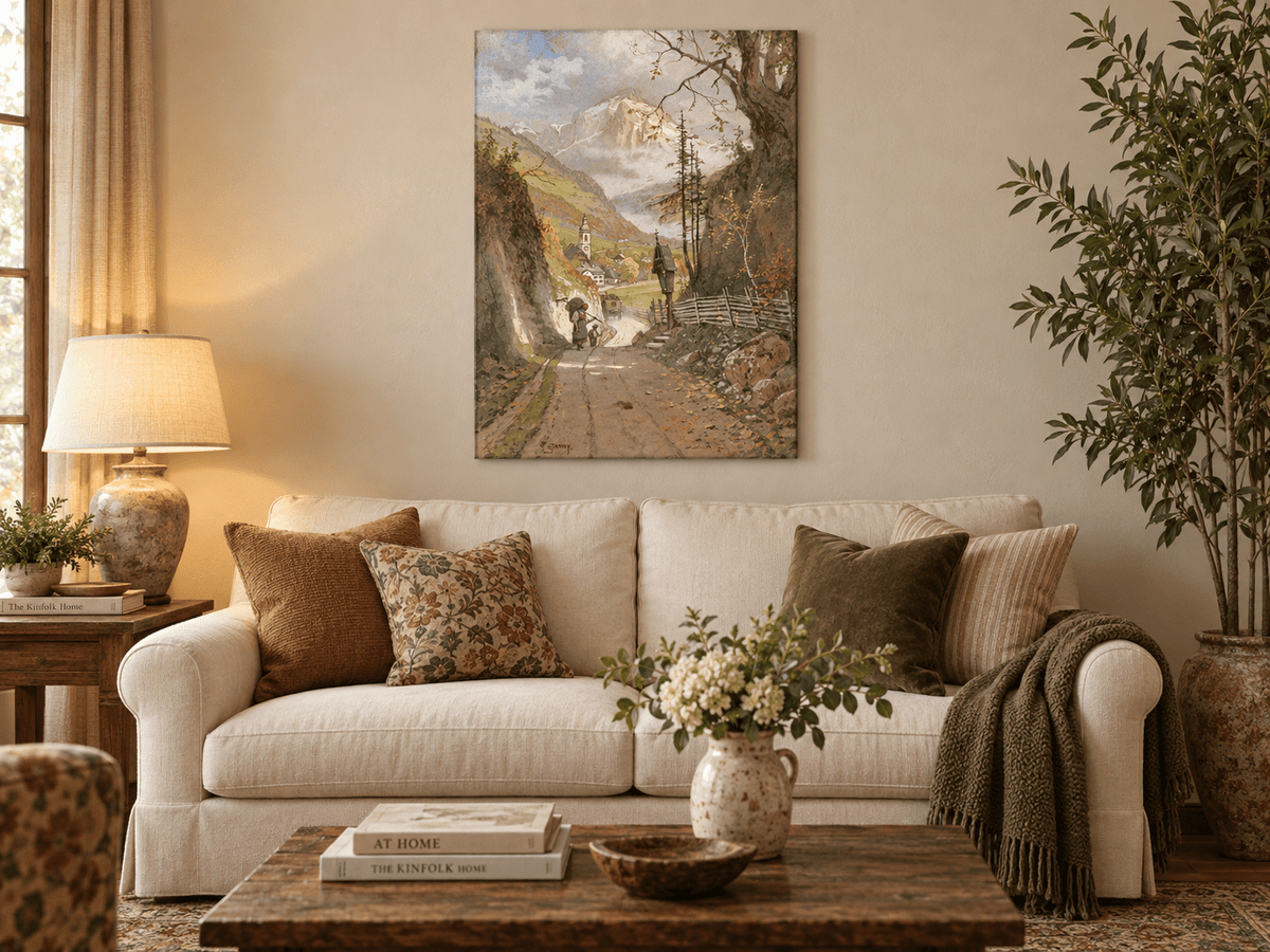 Landscape Oil Painting - Alpine Village Road to Snowy Peaks