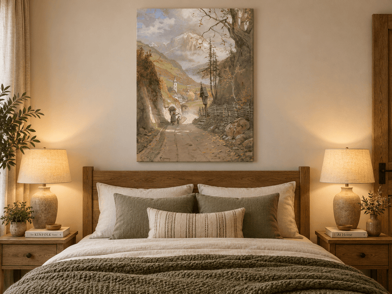 Landscape Oil Painting - Alpine Village Road to Snowy Peaks