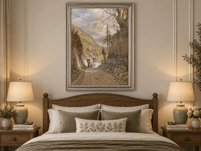 Landscape Oil Painting - Alpine Village Road to Snowy Peaks