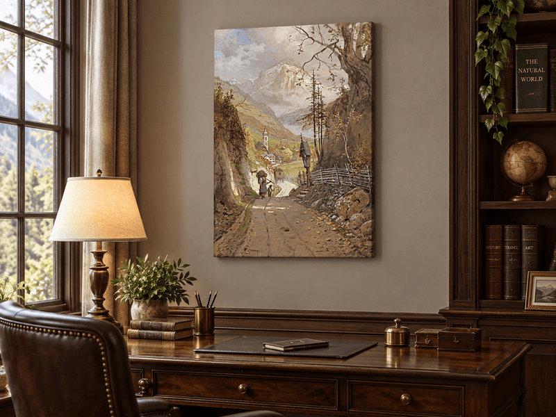 Landscape Oil Painting - Alpine Village Road to Snowy Peaks