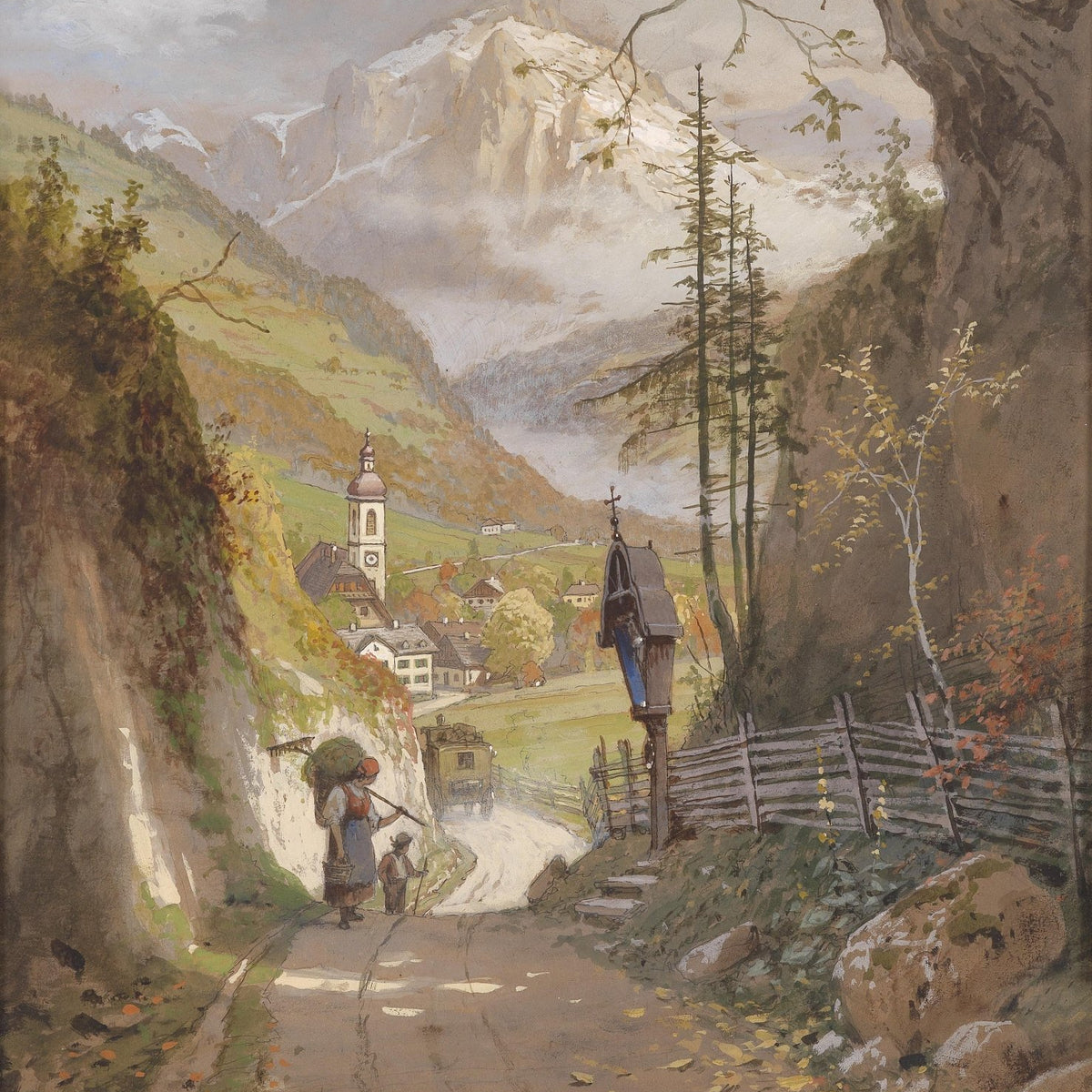 Hand-painted alpine village road to snowy peaks landscape oil painting on canvas
