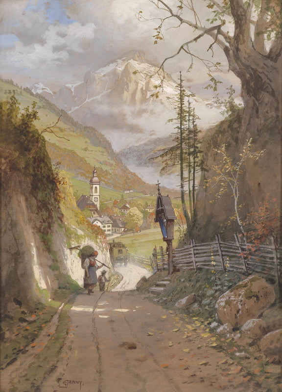 Hand-painted alpine village road to snowy peaks landscape oil painting on canvas