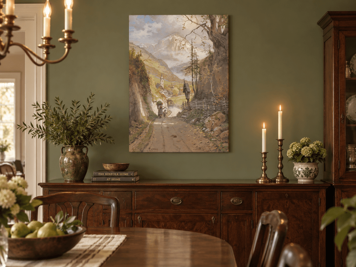 Landscape Oil Painting - Alpine Village Road to Snowy Peaks