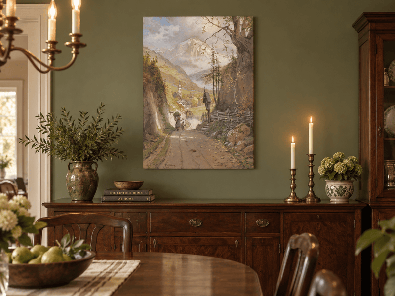 Landscape Oil Painting - Alpine Village Road to Snowy Peaks