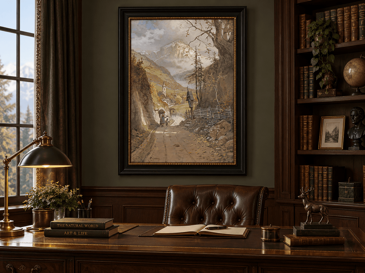 Landscape Oil Painting - Alpine Village Road to Snowy Peaks