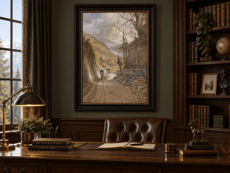 Landscape Oil Painting - Alpine Village Road to Snowy Peaks