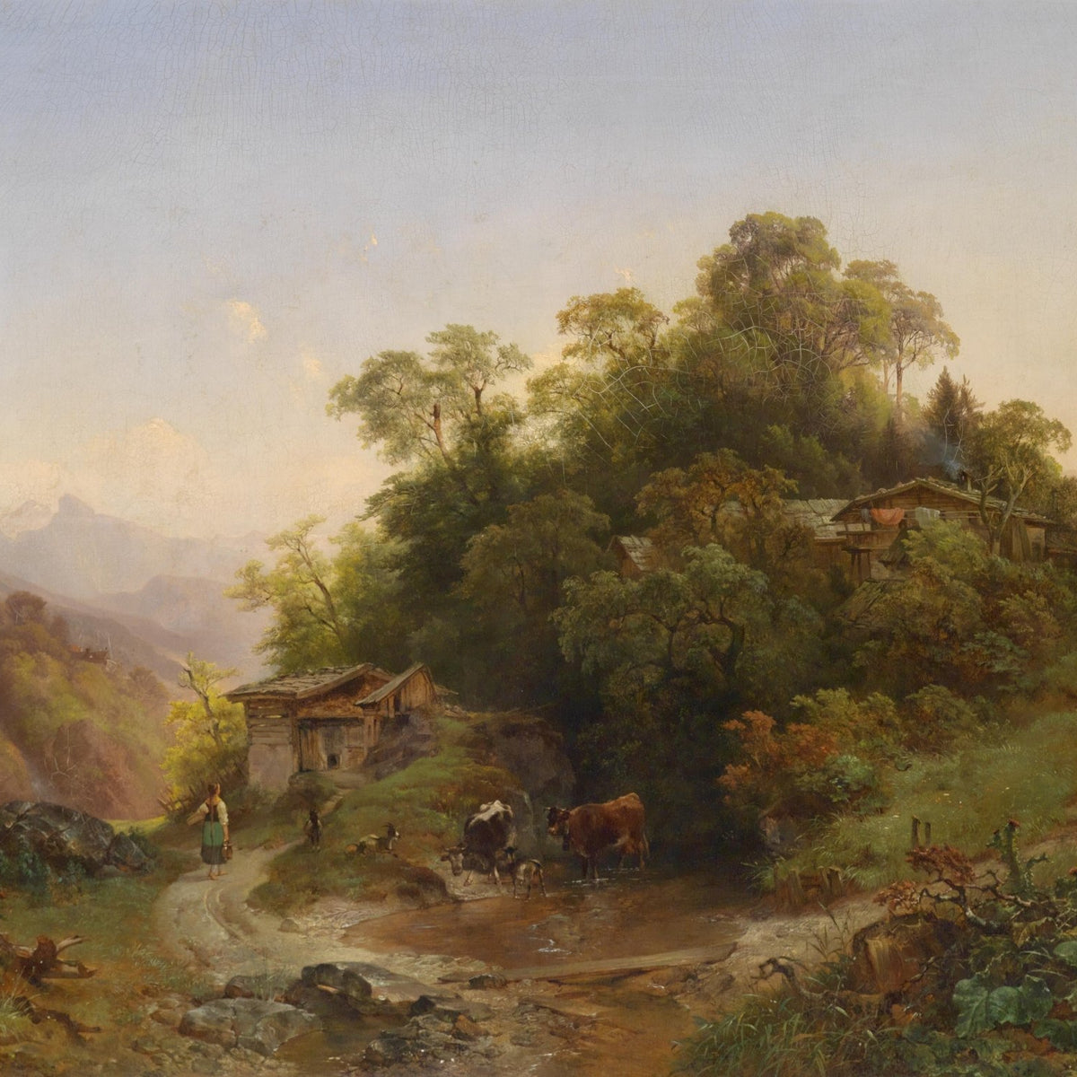 Landscape Oil Painting - Alpine Village Stream: Woman & Snow Peaks - Oil Painting Haven