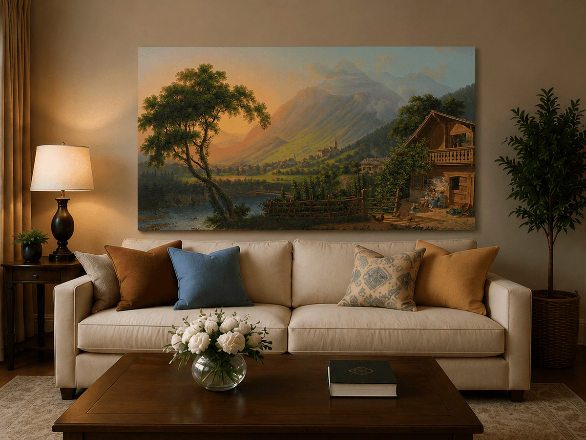 Landscape Oil Painting - Alpine Village Valley at Sunset