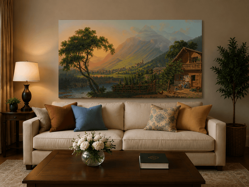 Landscape Oil Painting - Alpine Village Valley at Sunset