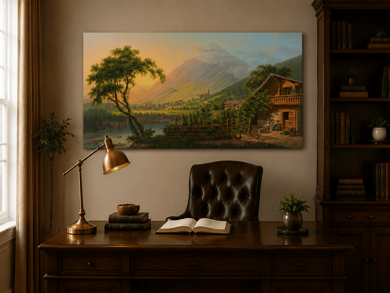 Landscape Oil Painting - Alpine Village Valley at Sunset