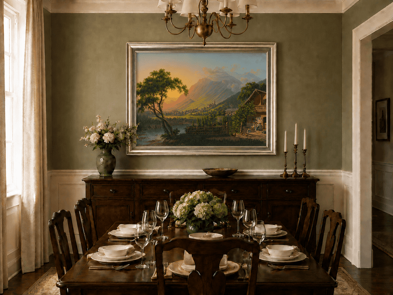 Landscape Oil Painting - Alpine Village Valley at Sunset