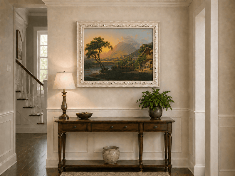 Landscape Oil Painting - Alpine Village Valley at Sunset