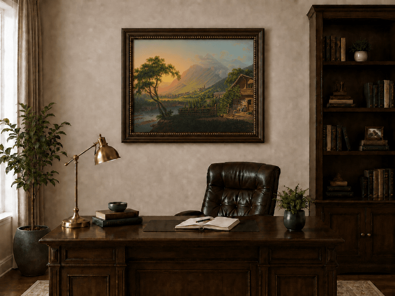 Landscape Oil Painting - Alpine Village Valley at Sunset