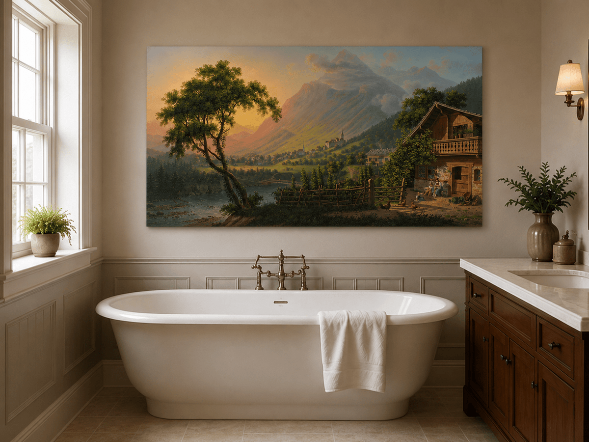 Landscape Oil Painting - Alpine Village Valley at Sunset