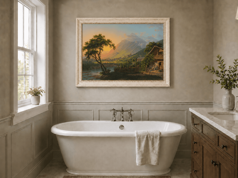 Landscape Oil Painting - Alpine Village Valley at Sunset