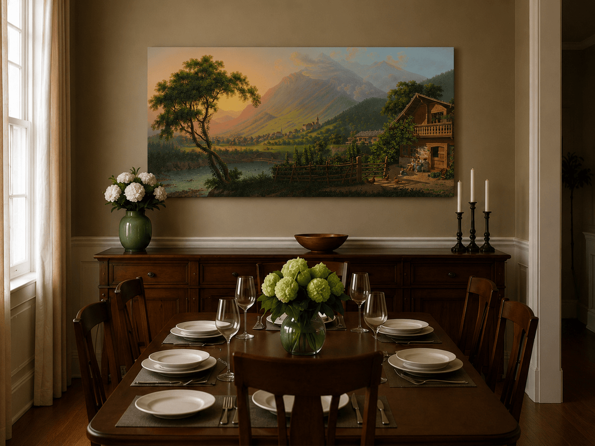 Landscape Oil Painting - Alpine Village Valley at Sunset