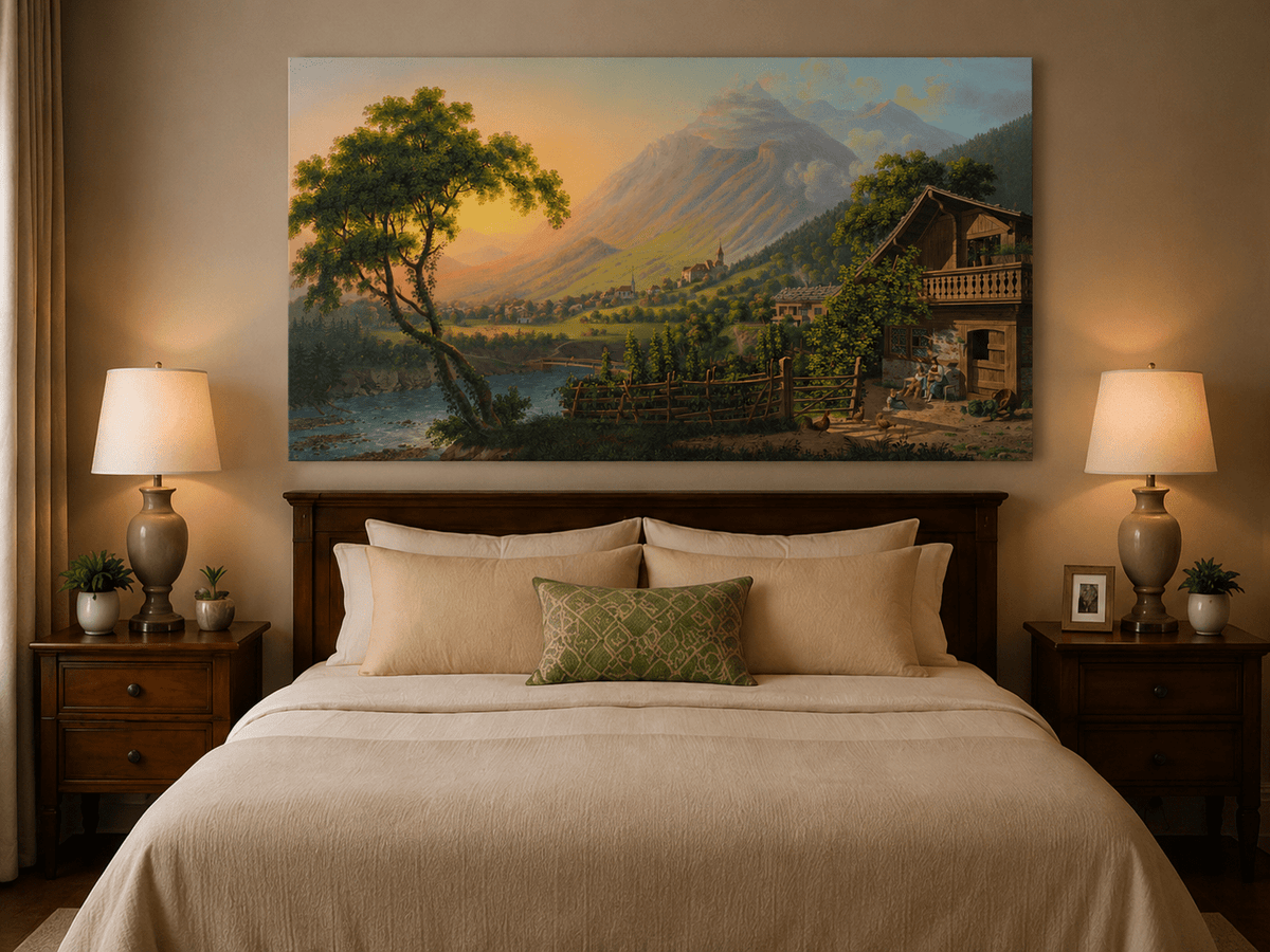 Landscape Oil Painting - Alpine Village Valley at Sunset