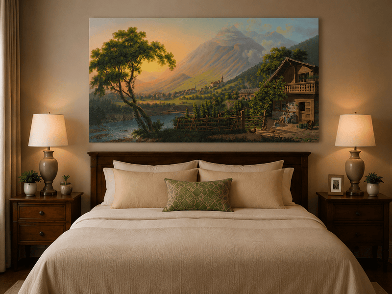 Landscape Oil Painting - Alpine Village Valley at Sunset