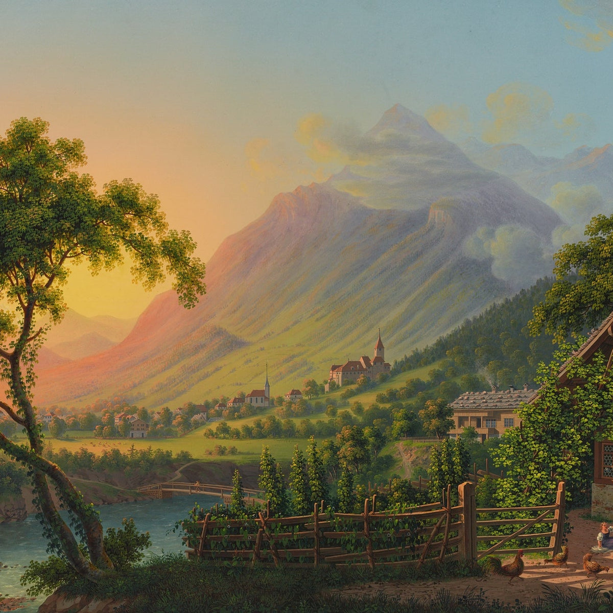 Hand-painted alpine village valley at sunset landscape oil painting on canvas