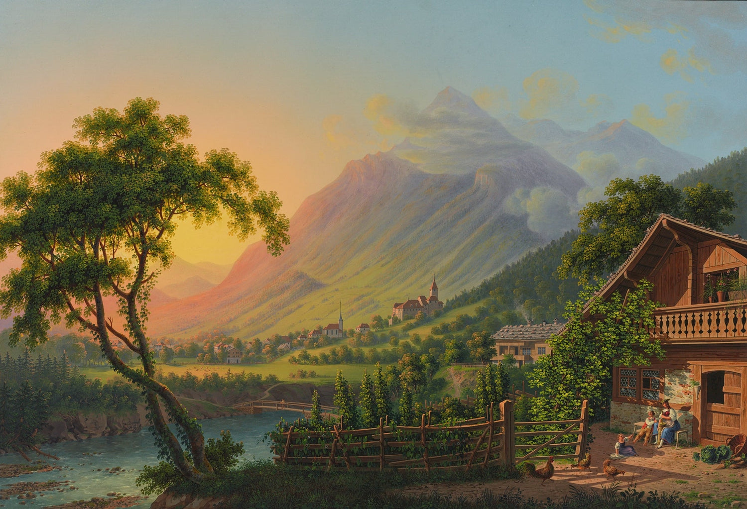 Hand-painted alpine village valley at sunset landscape oil painting on canvas