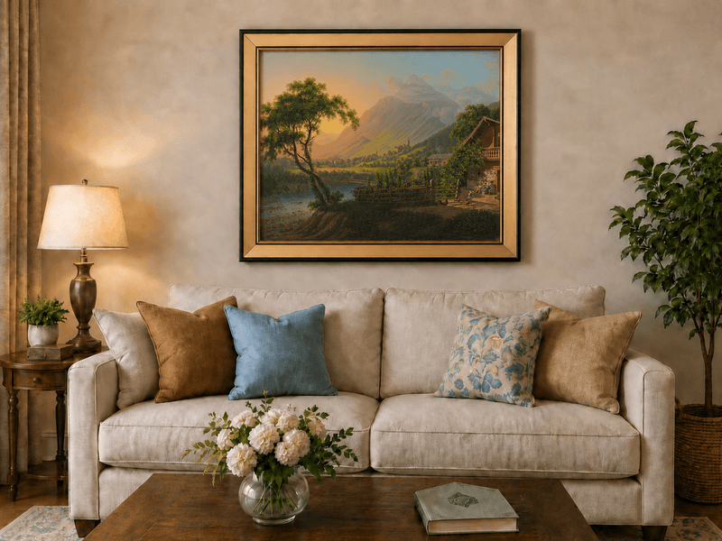 Landscape Oil Painting - Alpine Village Valley at Sunset