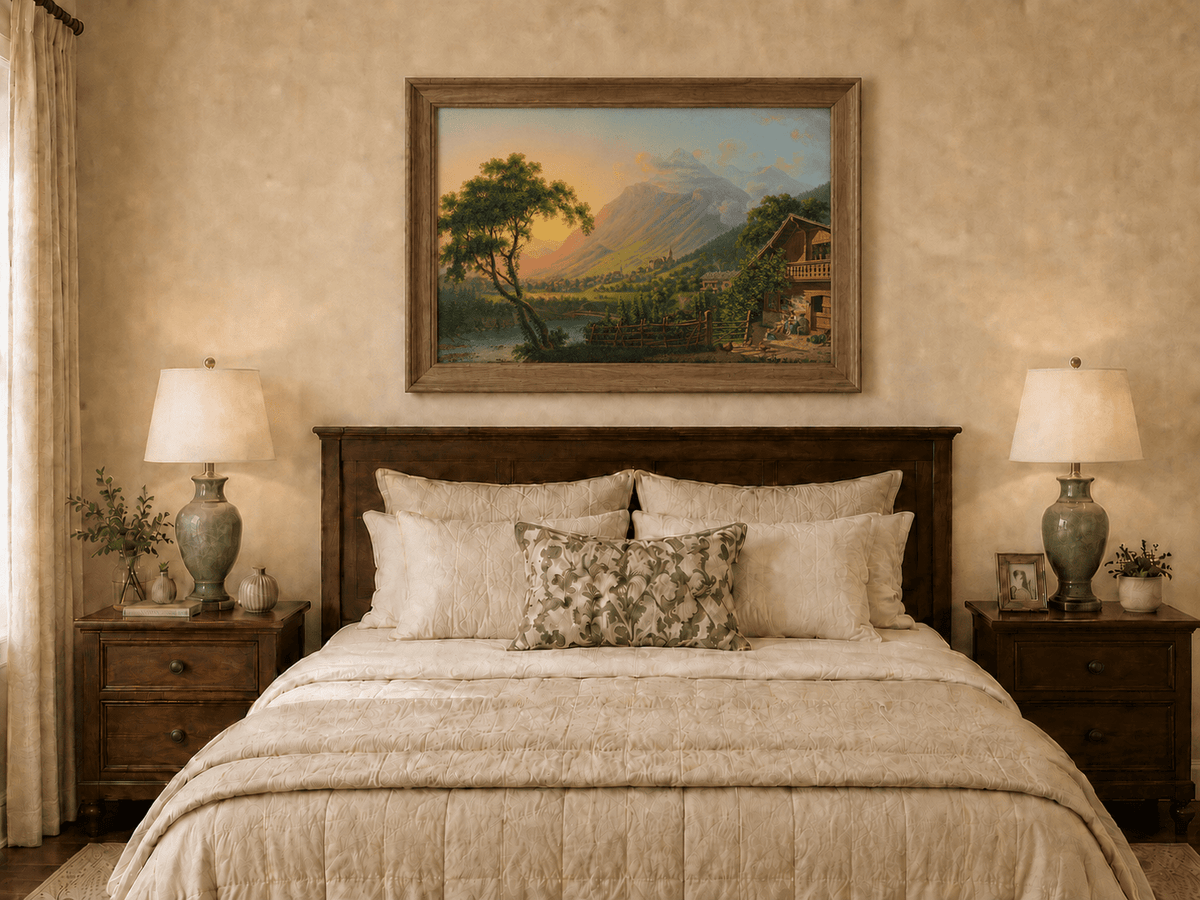 Landscape Oil Painting - Alpine Village Valley at Sunset