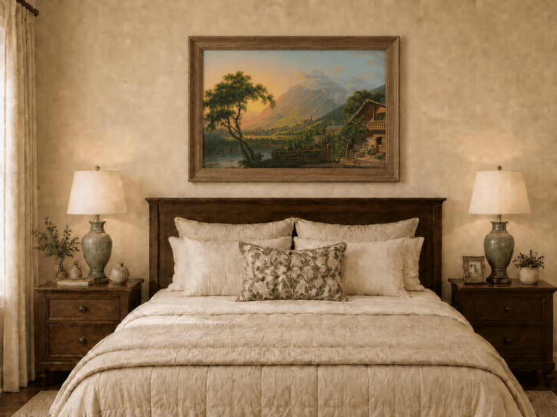 Landscape Oil Painting - Alpine Village Valley at Sunset
