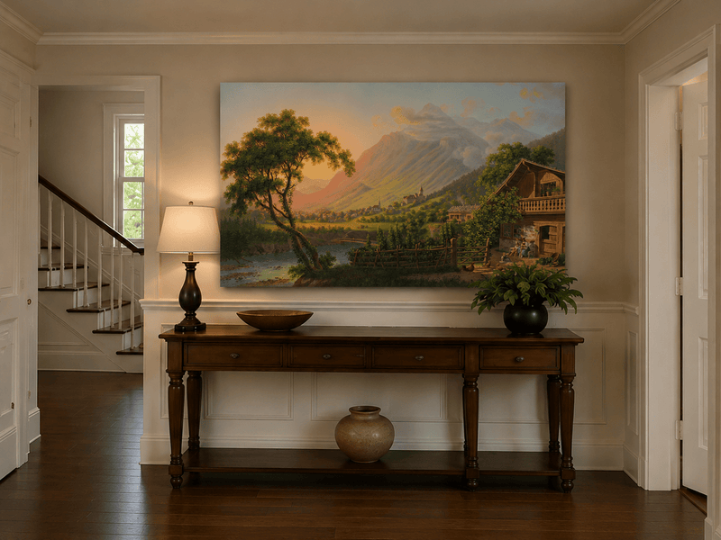 Landscape Oil Painting - Alpine Village Valley at Sunset