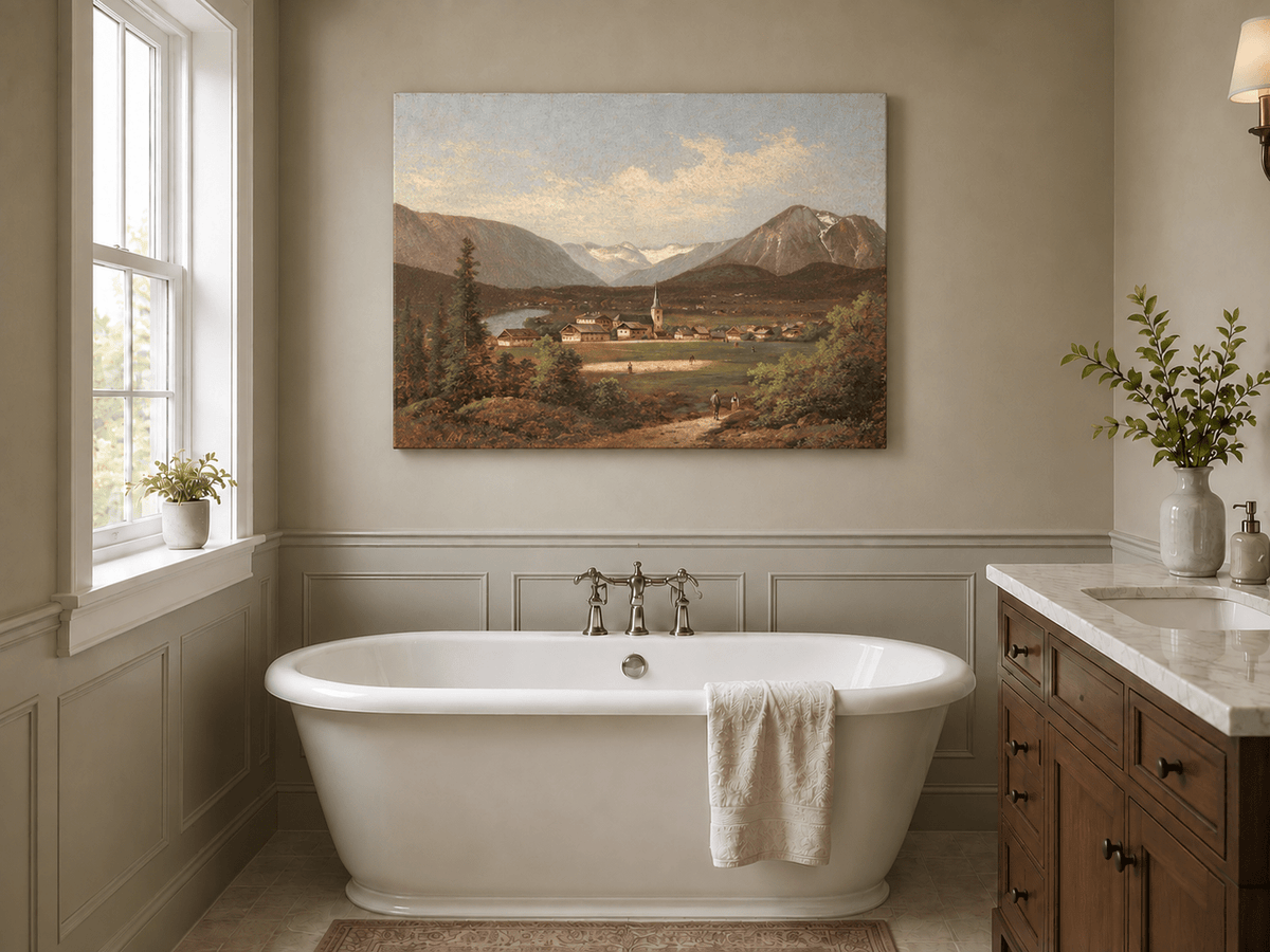 Landscape Oil Painting - Alpine Village Valley, Church, Mountains