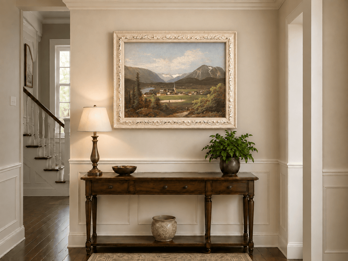 Landscape Oil Painting - Alpine Village Valley, Church, Mountains