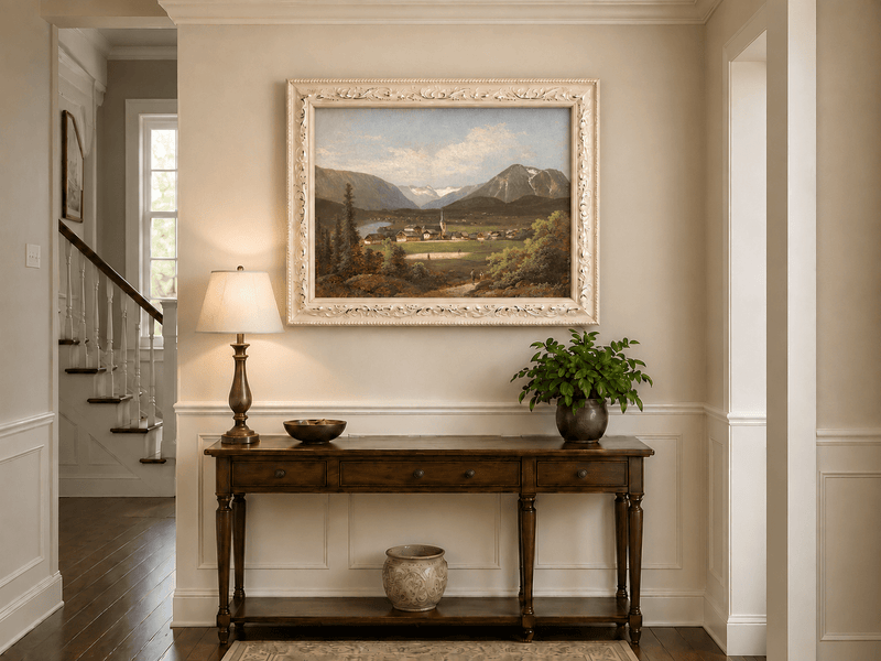 Landscape Oil Painting - Alpine Village Valley, Church, Mountains