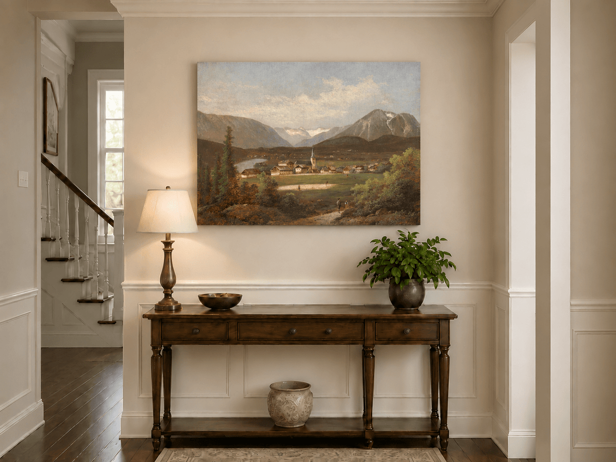 Landscape Oil Painting - Alpine Village Valley, Church, Mountains